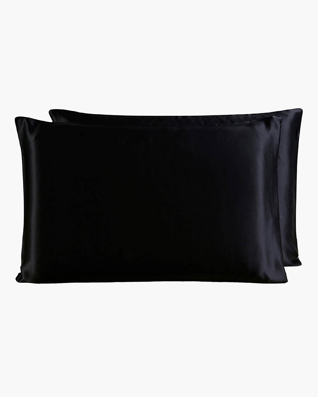 Two SusanSilk 22 Momme Beauty Silk Pillowcase Zippers, in a sleek black satin finish reminiscent of luxurious silk, are placed one behind the other against a white background.