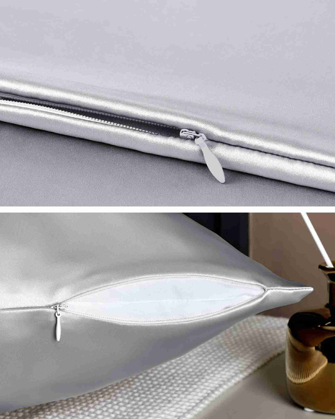 Close-up views of a silver 22 Momme Beauty Silk Pillowcase Zipper by SusanSilk. The top image highlights the zipper detail, while the bottom image showcases the pillowcase partially zipped, revealing white fabric inside.