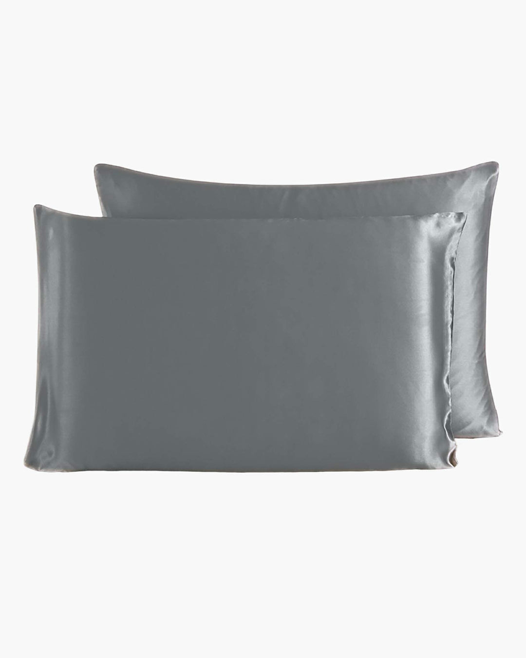 Two luxurious SusanSilk 22 Momme Beauty Silk Pillowcase Zippers in gray are shown, one slightly overlapping the other, set against a pristine white background.