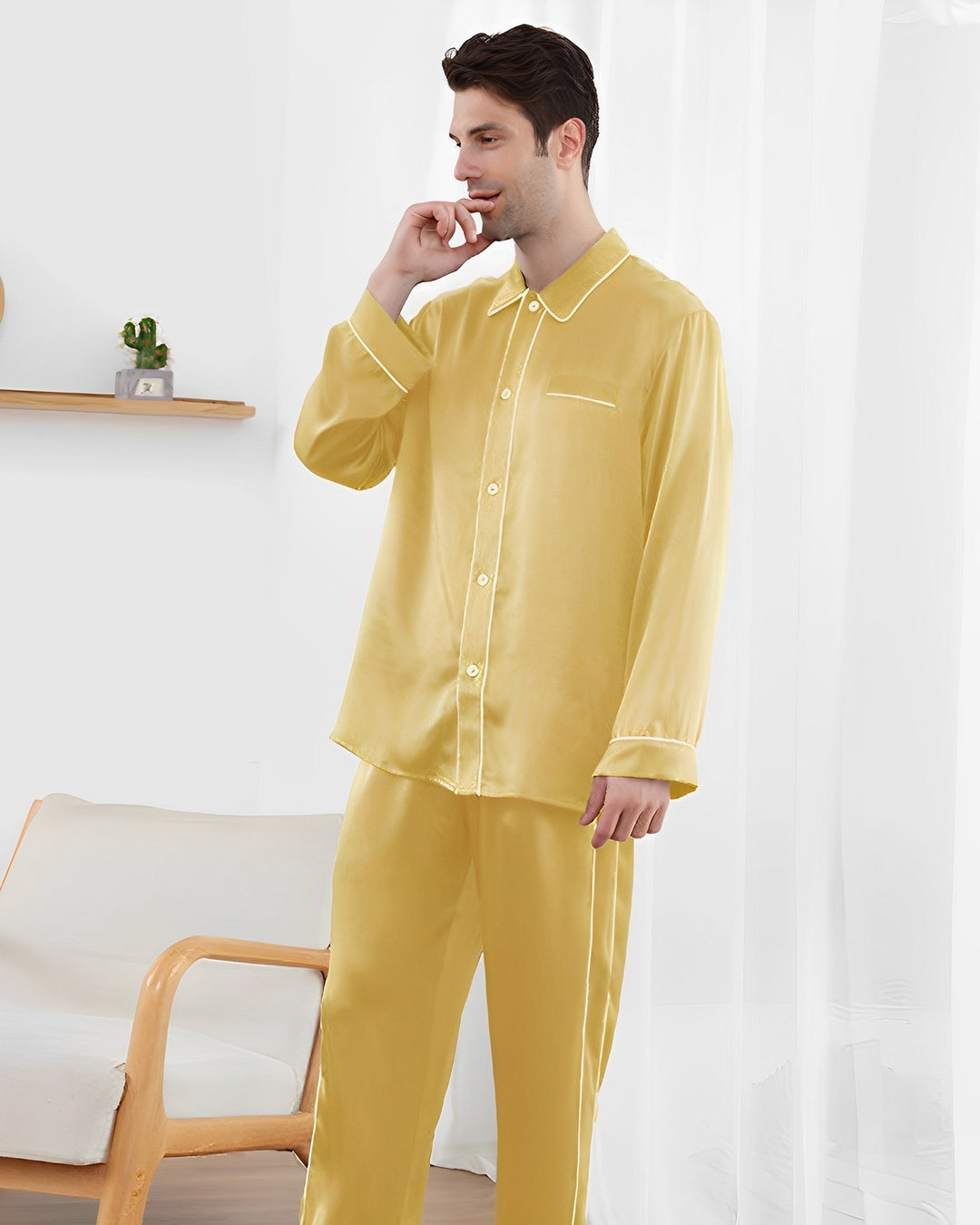 HOT Mens Silk Pajamas Long Sleeve Mens Pjs Men's Pajamas