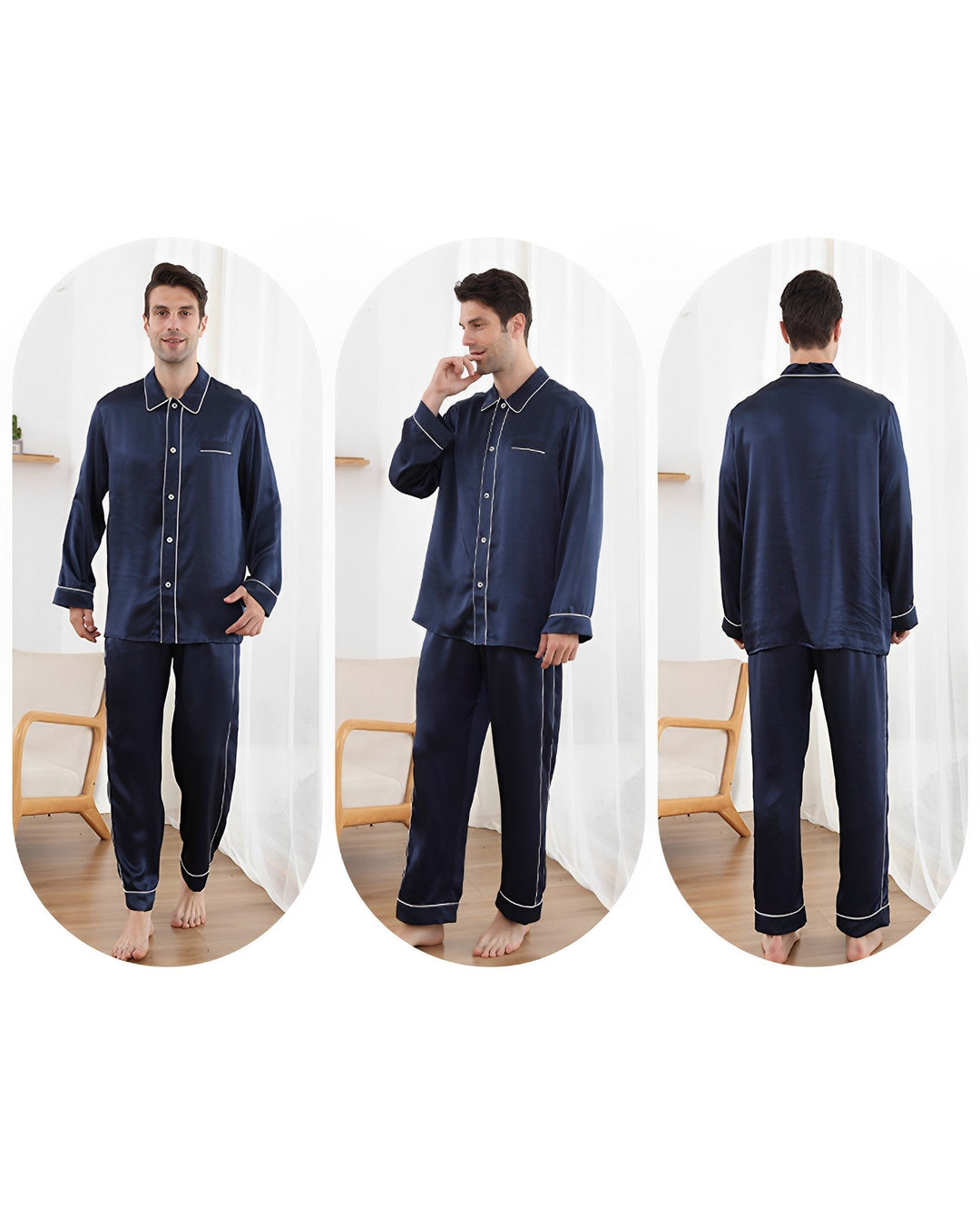 A man is shown in three different poses—front, side, and back—wearing the 25 Momme Eton Collar Silk Pajamas Set by SusanSilk, made from luxurious navy blue satin.