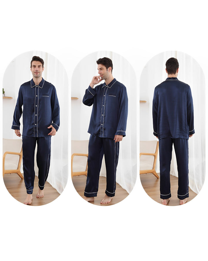 A man is shown in three different poses—front, side, and back—wearing the 25 Momme Eton Collar Silk Pajamas Set by SusanSilk, made from luxurious navy blue satin.