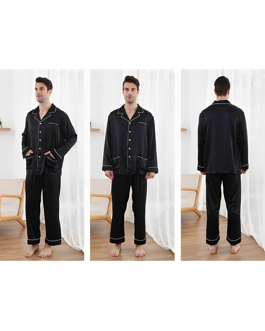 A man models the 25 Momme Lapel Collar Silk Pajama Set from SusanSilk, featuring a black design with white trim. The image showcases front, side, and back views. He is standing on a wooden floor in a room adorned with white curtains and wooden furniture.