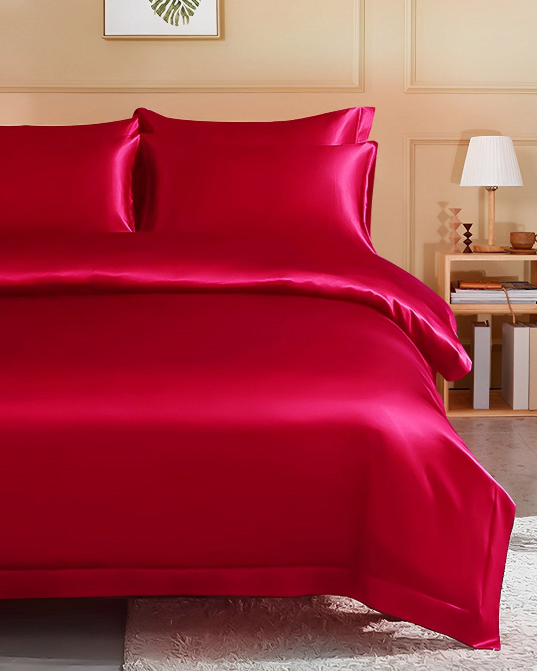 A neatly made bed featuring the SusanSilk 25 Momme Seamless Luxury Duvet Cover with a vibrant red flange border, complemented by matching pillowcases, set in a beige bedroom with a lamp and decor on a bedside table.