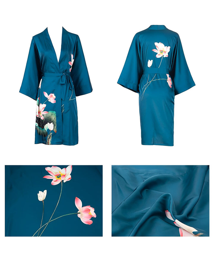 Lotus Style Short Silk Kimono featuring a blue satin fabric with floral prints. Images display the kimono from the front and back, including detailed close-ups of the flower design and fabric texture. Crafted from luxurious SusanSilk for ultimate comfort and elegance.