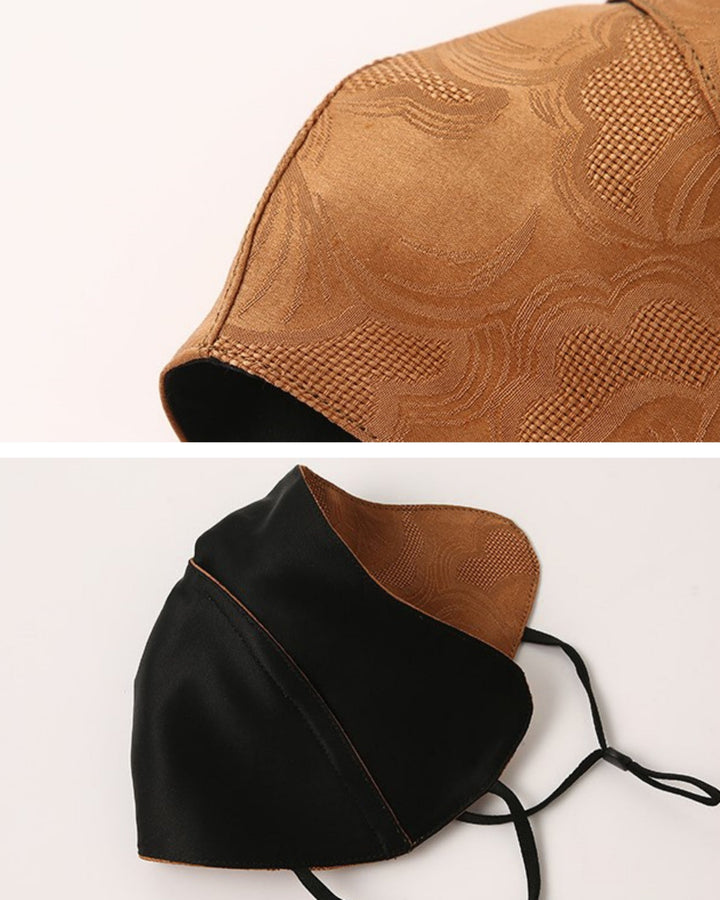 Close-up images of the Jacquard Large Brim Hat & Face Mask: the outer layer is black fabric, and the inner layer is luxurious brown silk with a decorative pattern. The SusanSilk mask features two ear loops for comfortable wearing.