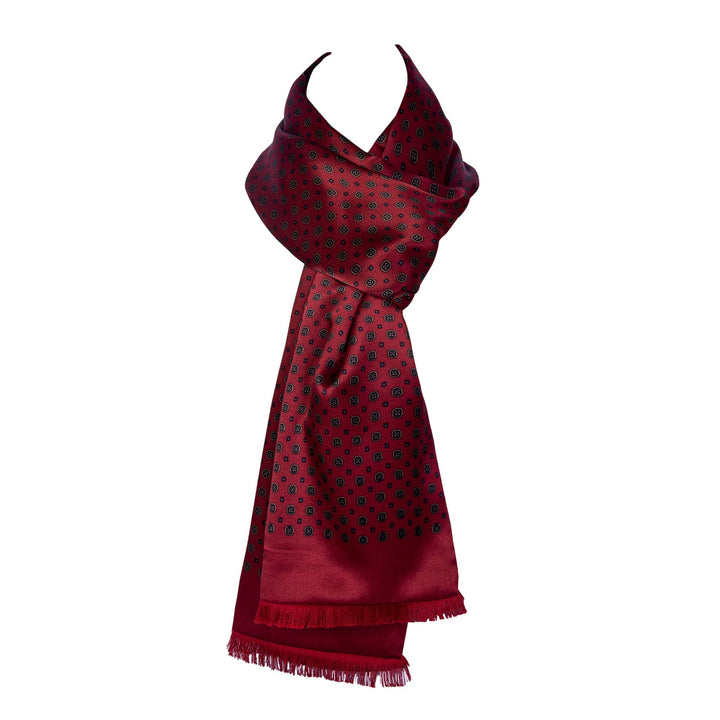 A SusanSilk Geometric Pattern Long Silk Brushed Scarf - Garnet, elegantly draped.