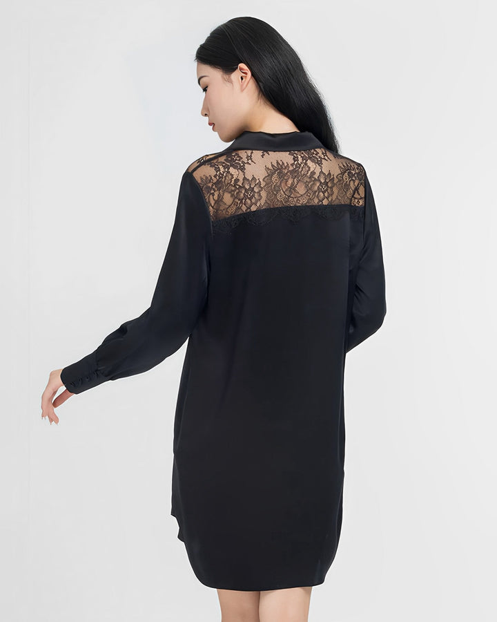 A woman is turned slightly away, wearing the SusanSilk Premium Lace Silk Shirtdress, featuring long sleeves and intricate lace detailing on the upper back.