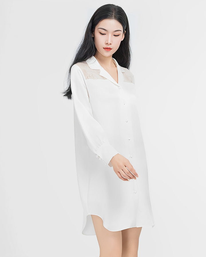 Woman in a Premium Lace Silk Shirtdress from SusanSilk, standing against a plain white background.