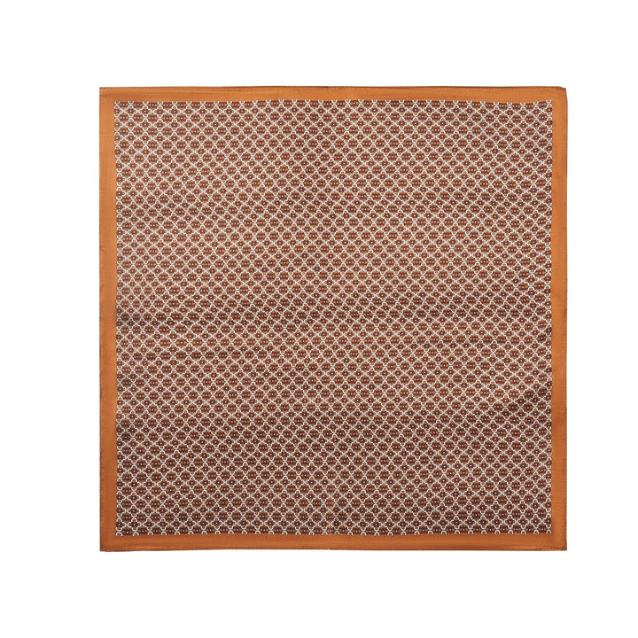 The Lucky Clover Square Silk Scarf from SusanSilk's finest collection is a square silk fabric in brown and white, featuring a patterned grid of small geometric shapes and a solid brown border.