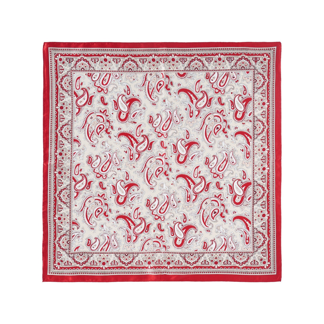 Introducing the Paisley Series Square Silk Scarf by SusanSilk, featuring an exquisite paisley pattern in red, white, and black with a vibrant red border and intricate designs within the central area.