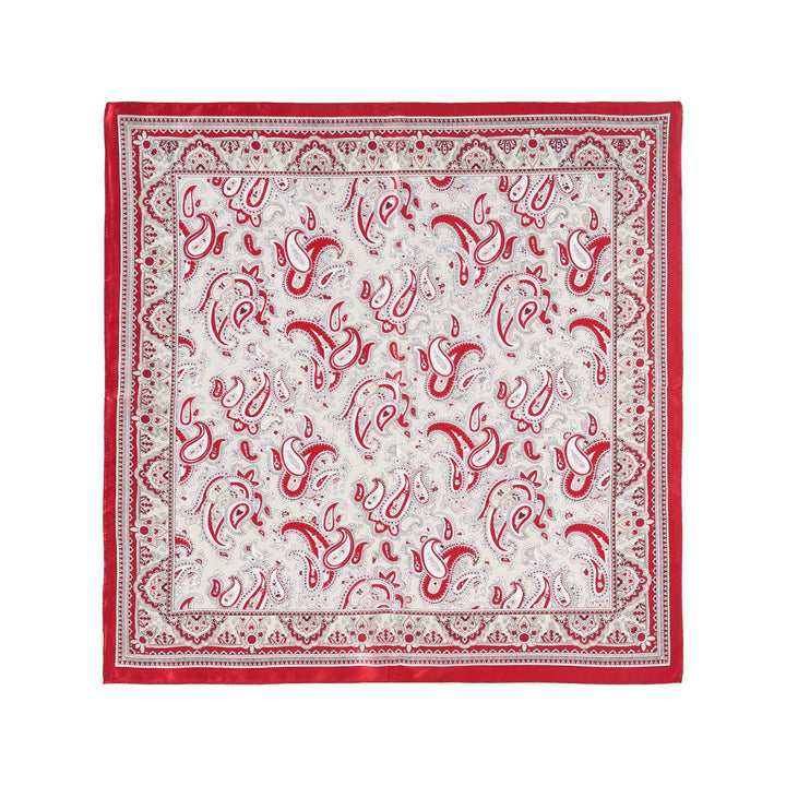 Introducing the Paisley Series Square Silk Scarf by SusanSilk, featuring an exquisite paisley pattern in red, white, and black with a vibrant red border and intricate designs within the central area.