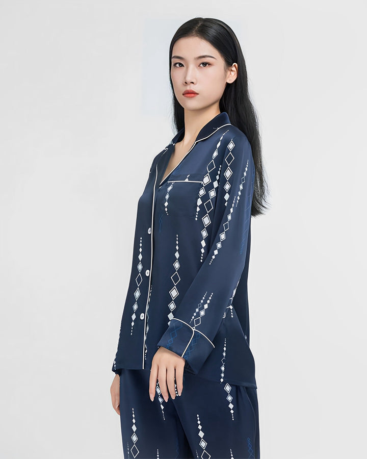 A person wearing the Diamond Striped Silk Pajamas Set from SusanSilk stands against a plain background.