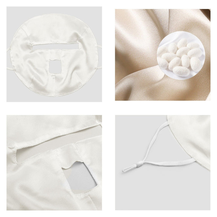 SusanSilk's Beauty Silk Face Mask, featuring comfortable ear loops and a rectangular mouth opening, is displayed from various angles next to images of raw silk cocoon materials.