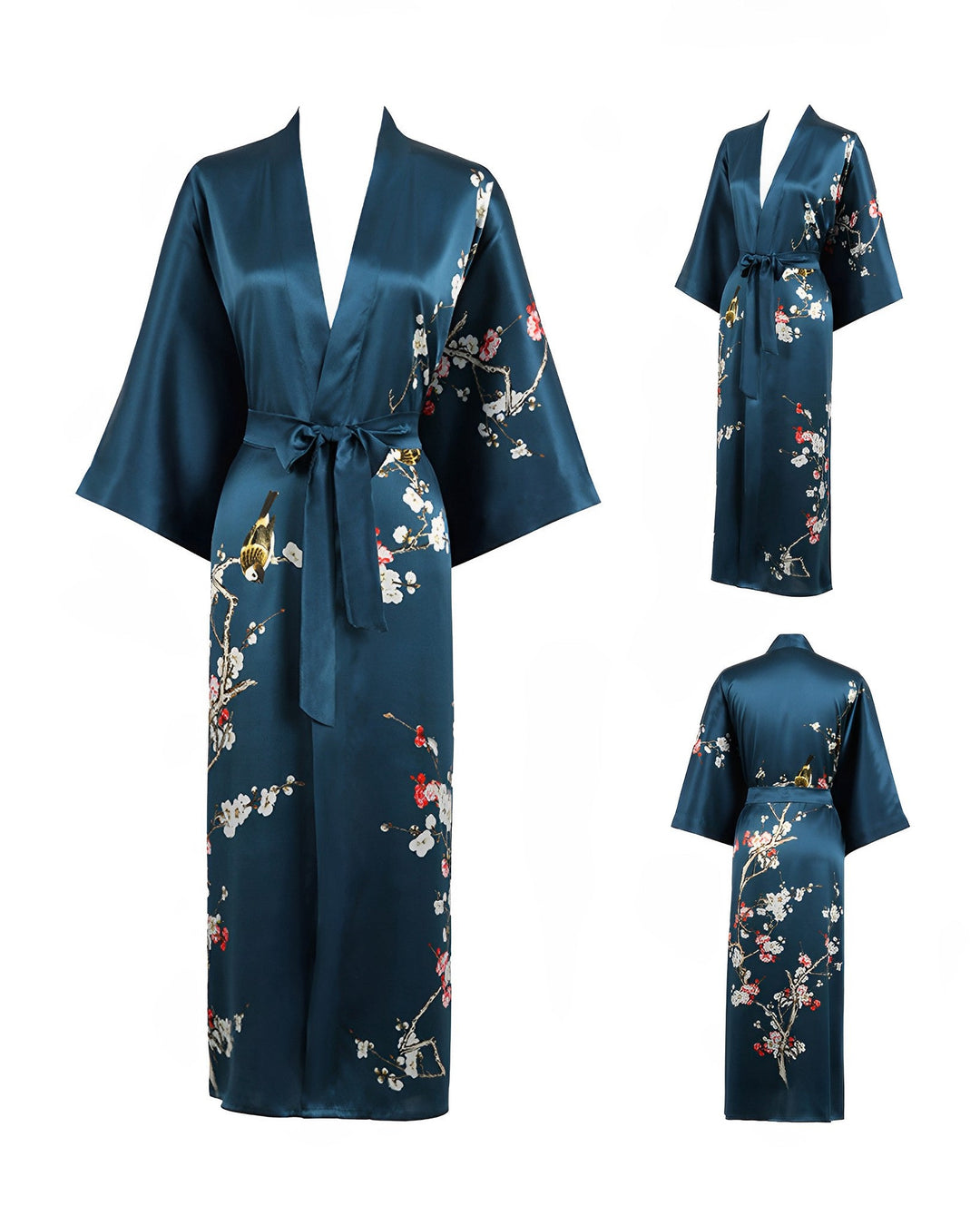 Introducing the SusanSilk Plum Blossom Long Silk Kimono—a dark teal satin silk robe adorned with a beautiful floral print. It features a waist tie and wide sleeves, and is showcased in the provided image from the front, back, and side views.