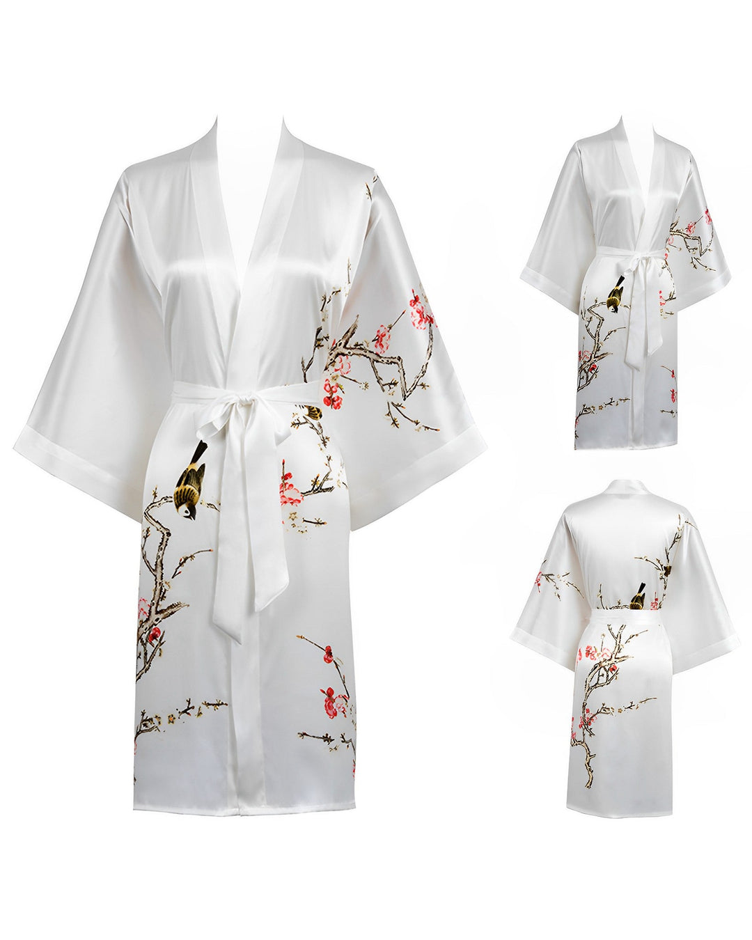 The Plum Blossom Short Silk Kimono by SusanSilk features a bird and cherry blossom branch print, displayed from front and back angles. This white kimono comes with wide sleeves and a tie belt at the waist.