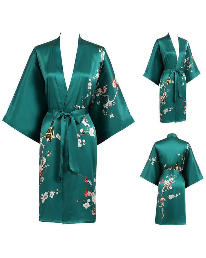 Product: SusanSilk Plum Blossom Short Silk Kimono with wide sleeves, waist tie, and intricate floral patterns. Shown from the front, side, and back views.